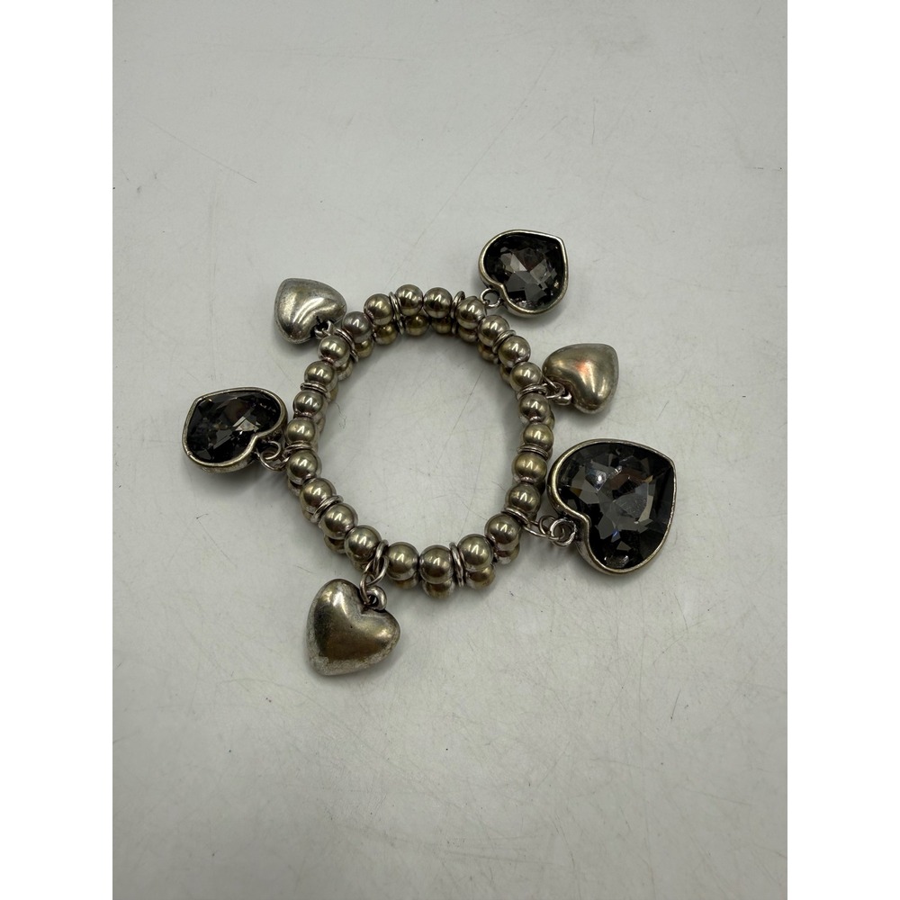 Silver Tone Double Strand Stretch Bead Bracelet Smoky Grey Crystal Heart Charms